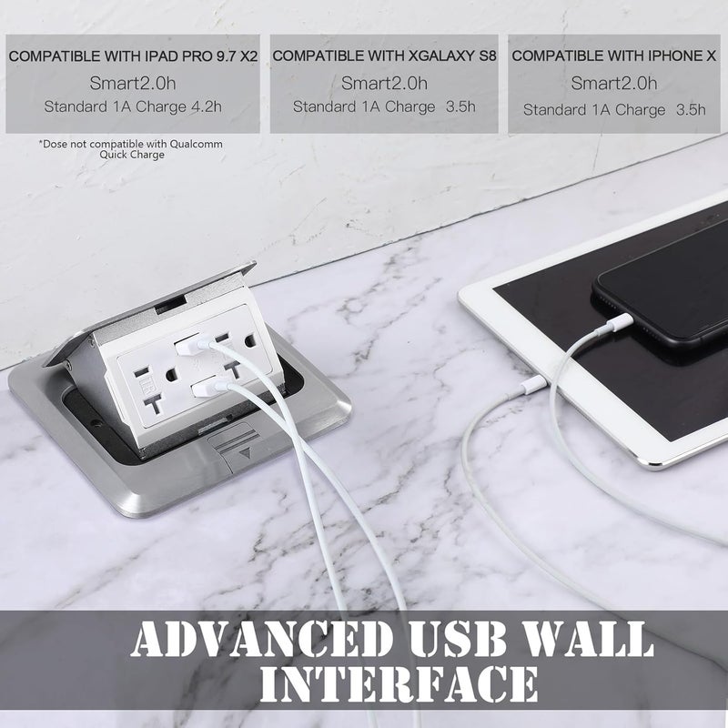 Hoolerry طقم صندوق غطاء مخرج كهربائي طافي للأرض مع شاحن USB 4.8A 20 أمبير مقاوم للماء والطقس ومخرج مقاوم للتلاعب للاستخدام المنزلي (فضي) - Image 3